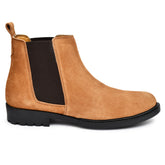 Side view of Cheeku Tan Suede Leather Boots highlighting craftsmanship.